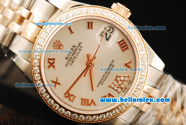 Rolex Datejust Automatic Movement White Dial with Diamond Bezel and Two Tone Strap-ETA Coating Case - Click Image to Close